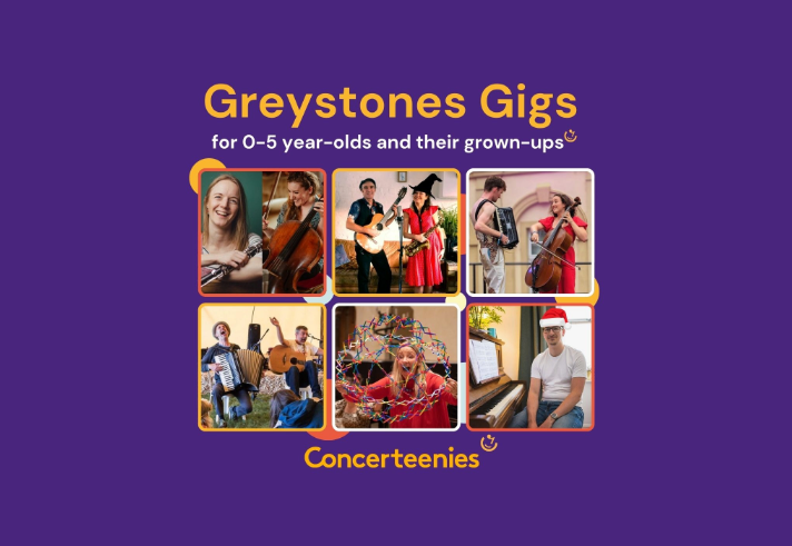 Event poster with six photos of people performing on musical instruments and singing. 