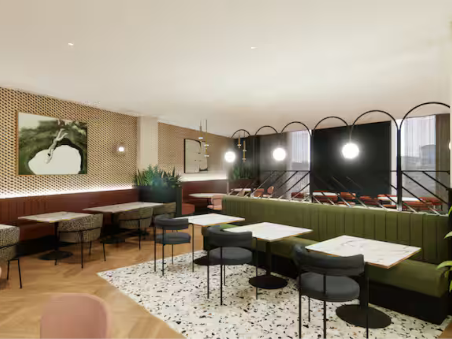 Bar area at DoubleTree by Hilton featuring modern tables and chairs, ambient lighting, and a stylish, contemporary design.