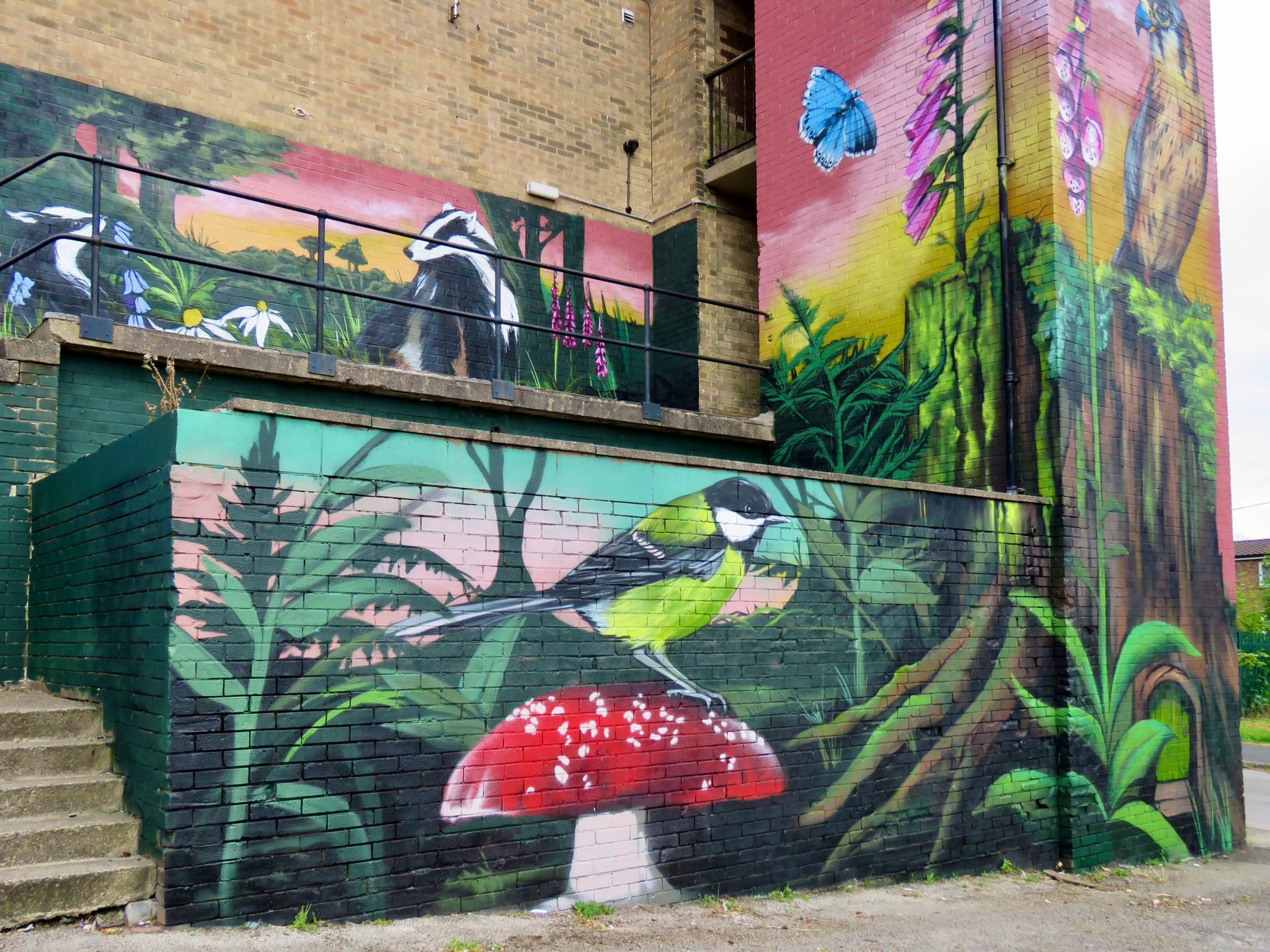 Colorful nature-themed mural painted on the side of a building, featuring a green and yellow bird perched on a red mushroom, surrounded by lush green plants. Additional artwork includes badgers among flowers, a blue butterfly, and tall pink foxgloves against a sunset gradient background.
