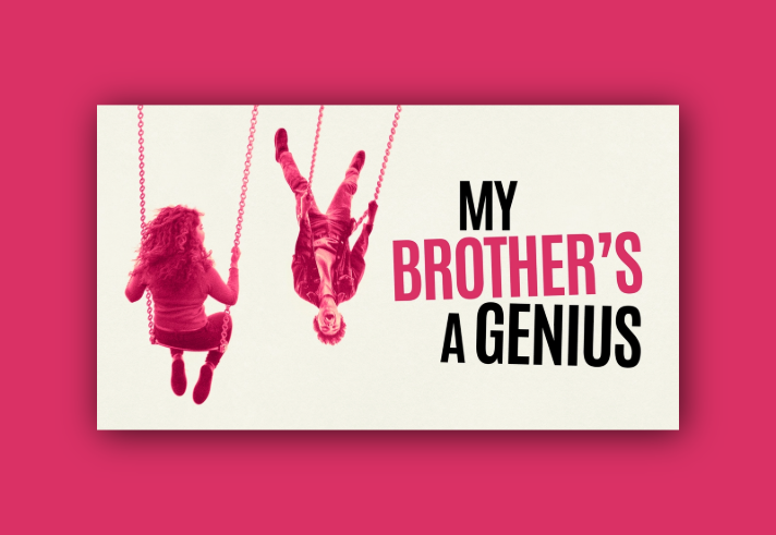 A boy and a girl playing on two swings, the boy has swung so far he is almost upside down. Overlaid on the image are the words 'My Brother's A Genius'.