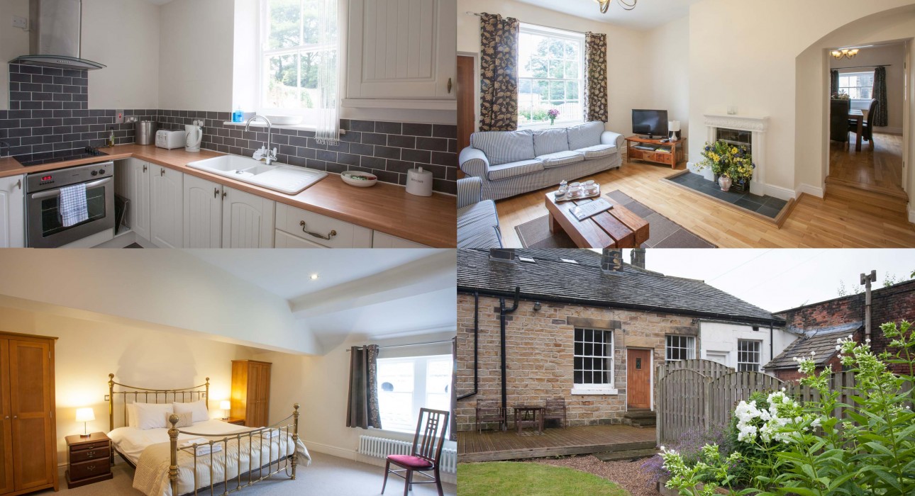 A collage of photos at Wortley Hall Cottages including a modern kitchen, cosy bedroom and comfortable living room and exterior view..
