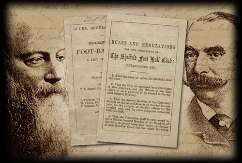 Two aged documents titled ‘Rules and Regulations for the Association of The Sheffield Foot Ball Club’ displayed on a sepia-toned background. The text outlines early football rules and mentions the club’s establishment in 1857.