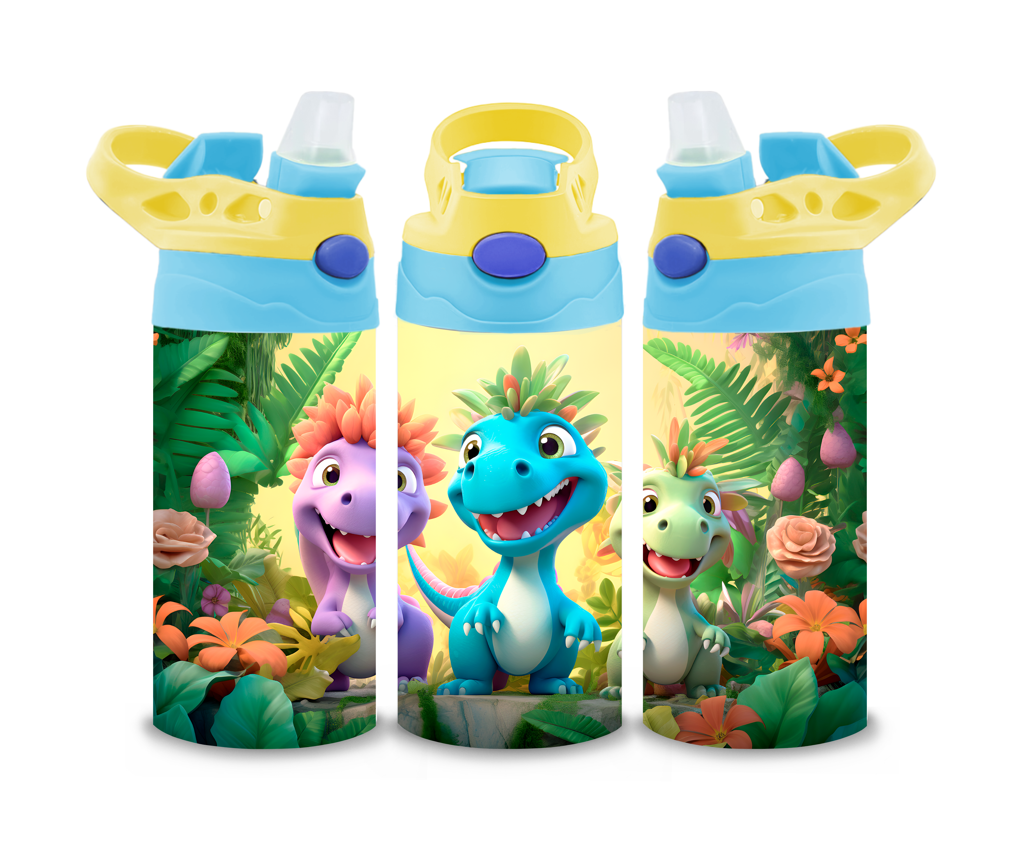 Three children’s water bottles with flip-top lids in yellow and blue, featuring a cheerful jungle-themed design with cartoon dinosaurs in bright colors—purple, blue, and green—surrounded by tropical plants and flowers.