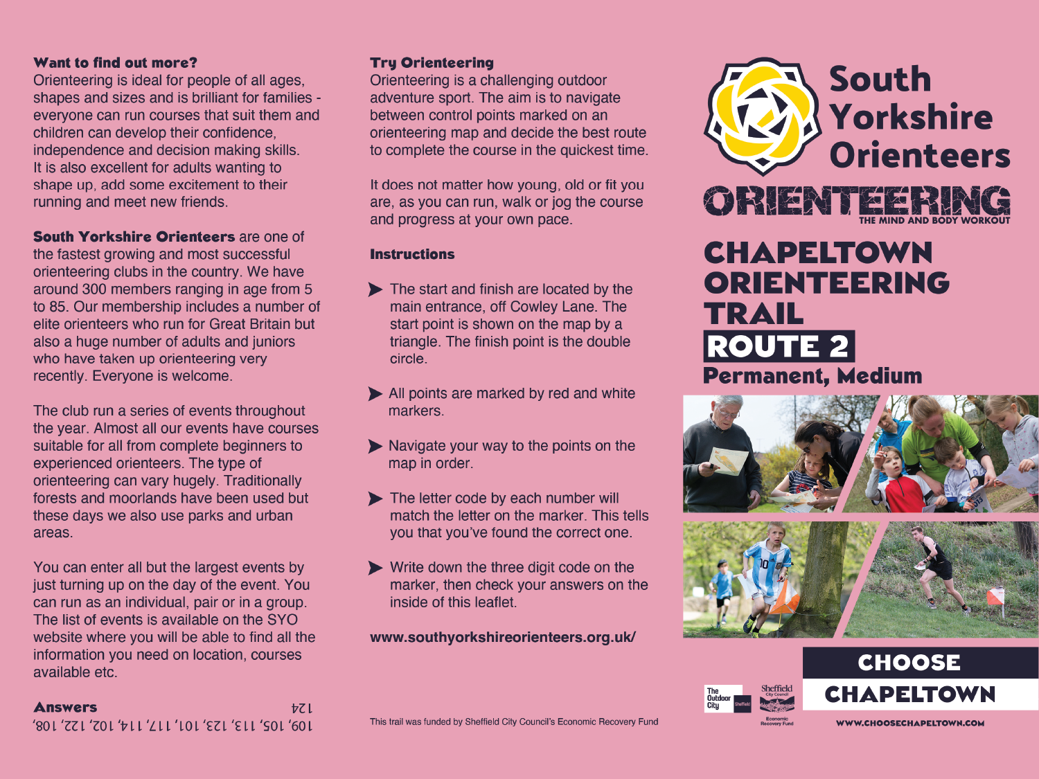 Informational leaflet for South Yorkshire Orienteers promoting Chapeltown Orienteering Trail Route 2. The design features a pink background with black and white text, instructions for navigating the course, and details about orienteering benefits. Includes the South Yorkshire Orienteers logo, website link, and images of participants reading maps and running outdoors.