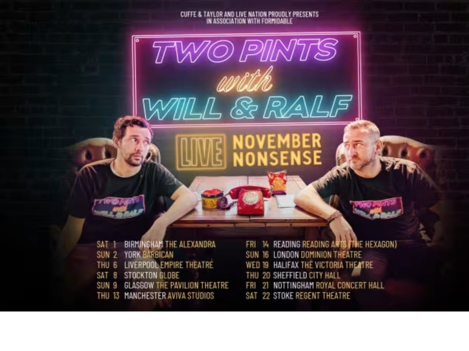 Promotional image for the event, with Will Mellor and Ralf Little sitting at either end of a table, glancing sideways at each other.