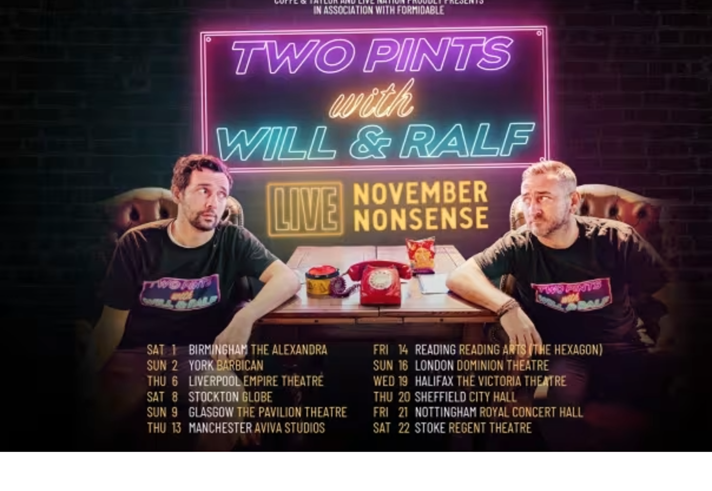 Promotional image for the event, with Will Mellor and Ralf Little sitting at either end of a table, glancing sideways at each other.