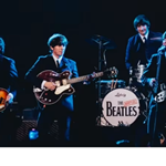 A photograph of The Bootleg Beatles playing live on stage.