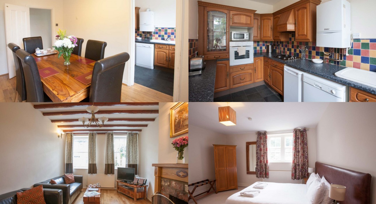 Four interior photos of Wortley Hall Cottages including a modern kitchen, cosy bedroom, stylish dining room, and comfortable living room.