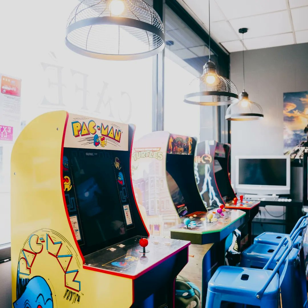 Video cabinets at the Extra Life Gaming Lounge.