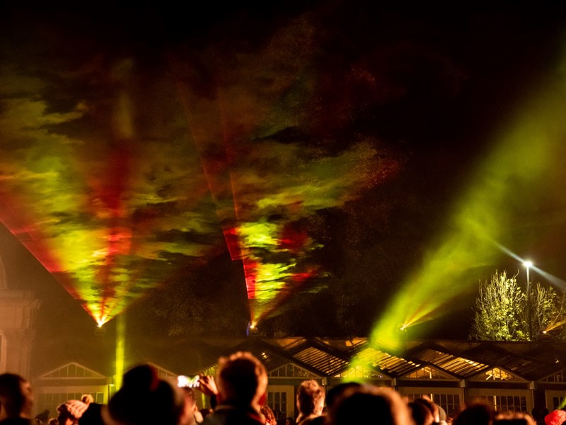 The Glass House and the Sheffield Botanical Gardens are lit up by a huge display of colourful lights.