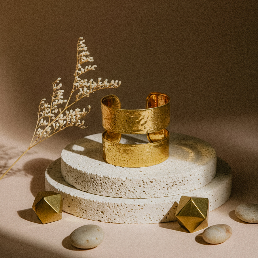 Elegant wide gold cuff bracelet with hammered texture, showcased on stacked stone display with geometric gold accents and dried foliage in soft lighting