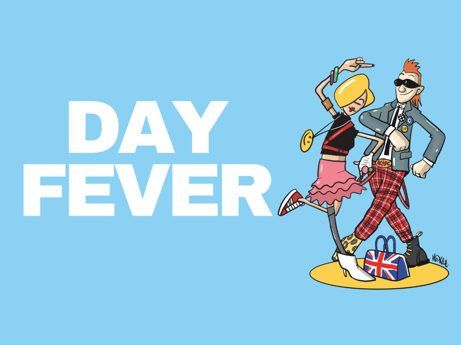 The words: 'Day Fever' on a pale blue background next to a Pete McKee illustration of two people dancing.
