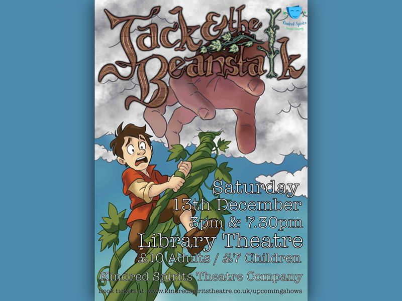 Poster for the event featuring an illustration of a worried looking Jack, climbing down the beanstalk, as a giant hand emerges from the clouds above him.