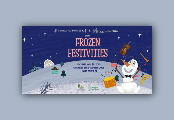 A poster for the event featuring an illustration of a Snowman surrounded by a variety of musical instruments.