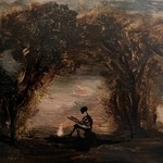 A painting of a skeleton sitting under trees by Lisa Ivory titled 'Night Trip'.