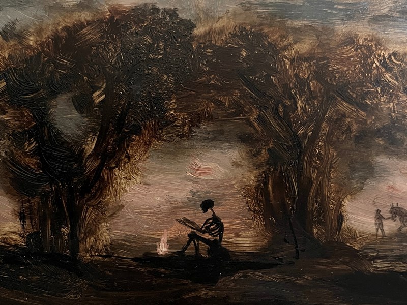 A painting of a skeleton sitting under trees by Lisa Ivory titled 'Night Trip'.