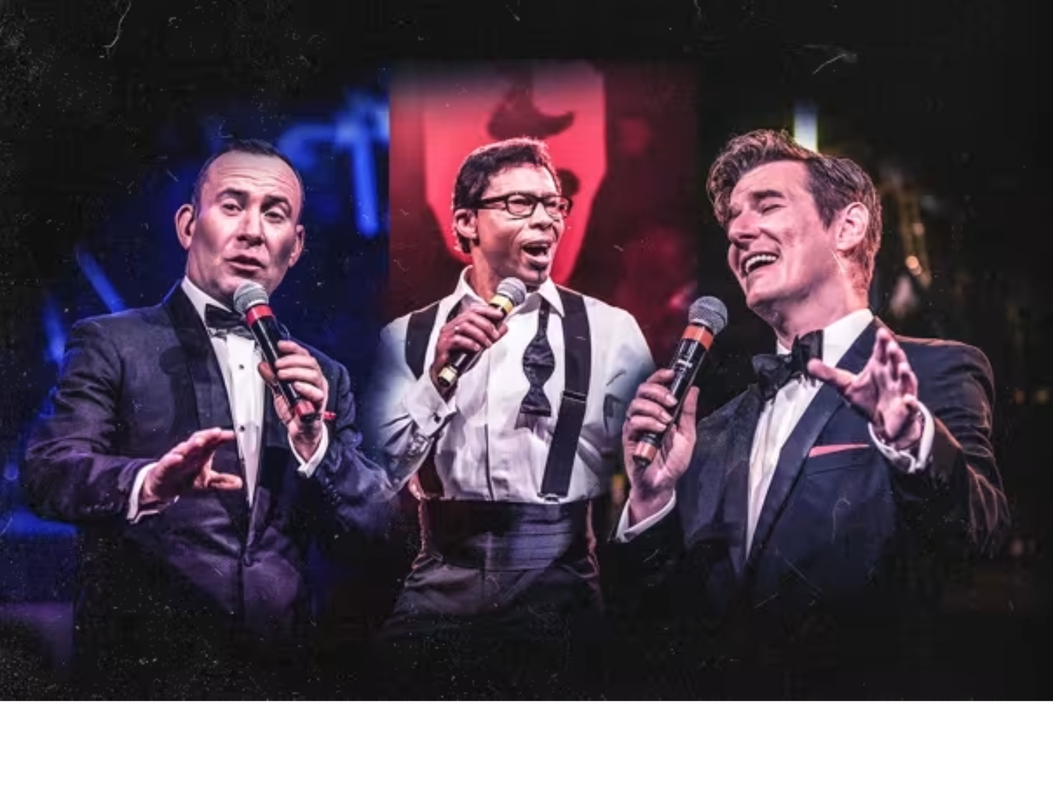 Promotional poster for the show featuring the three performers, all singing into microphones.