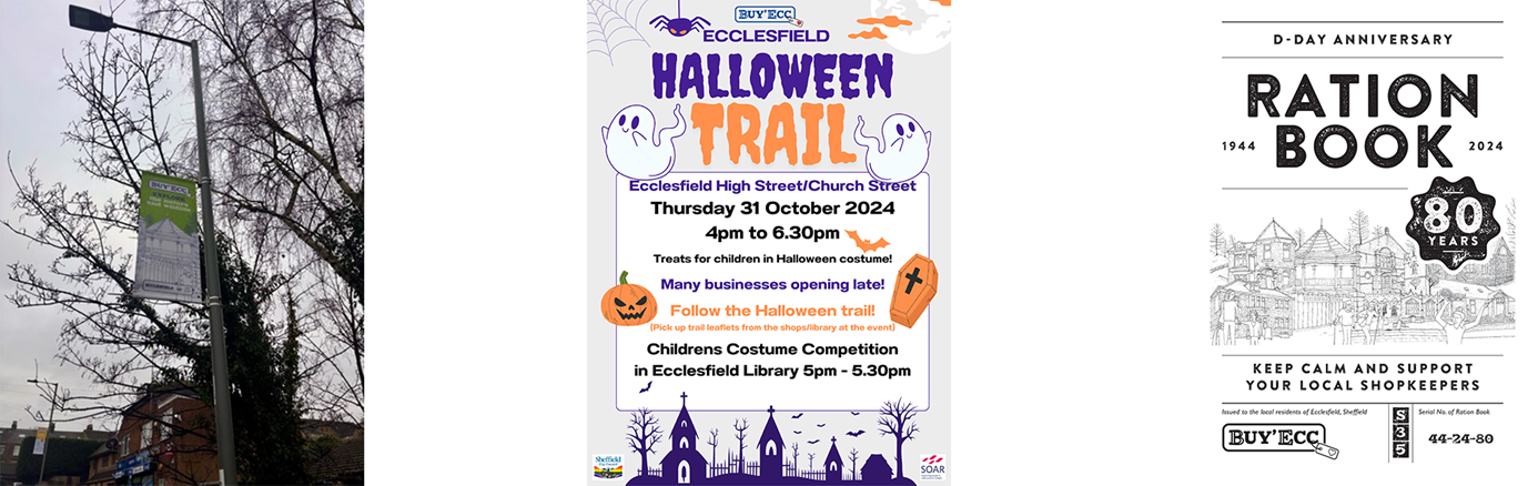 A lamppost banner, and two posters for events that took place on Eccleshall.