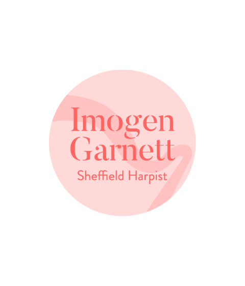 "Logo with a pink circular background featuring the text 'Imogen Garnett' in bold coral letters and 'Sheffield Harpist' in smaller coral letters below.