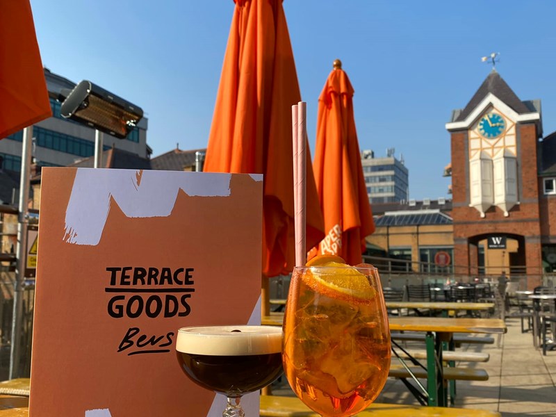 Two cocktails on an outdoor table at Terrace Goods.
