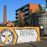 A big Steel City Beer And Cider Festival banner at the entrance to the Kelham Island Museum.
