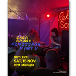 Poster for “ESEA Futures Finissage Party” at Gut Level. Event date and time: Saturday, 15 November, 9 PM to midnight. The background shows a dimly lit party scene with a DJ performing behind turntables and a crowd in front. Neon-style text in blue and yellow displays event details. A red illuminated sign in the background reads “Rebel Soul.” Image credit noted as from Kom Kom’s Instagram.