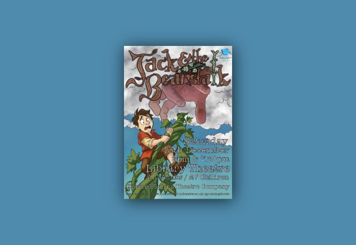 Poster for the event featuring an illustration of a worried looking Jack, climbing down the beanstalk, as a giant hand emerges from the clouds above him.