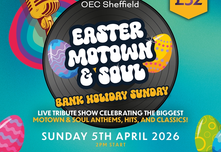 Poster for the events listing all the details over a background illustration of records, Easter eggs and a microphone.