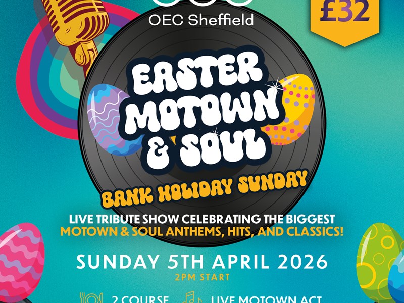 Poster for the events listing all the details over a background illustration of records, Easter eggs and a microphone.