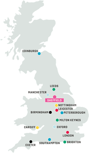 A map of the UK showing major cities and towns, with Sheffield being highlighted in the middle of the country.