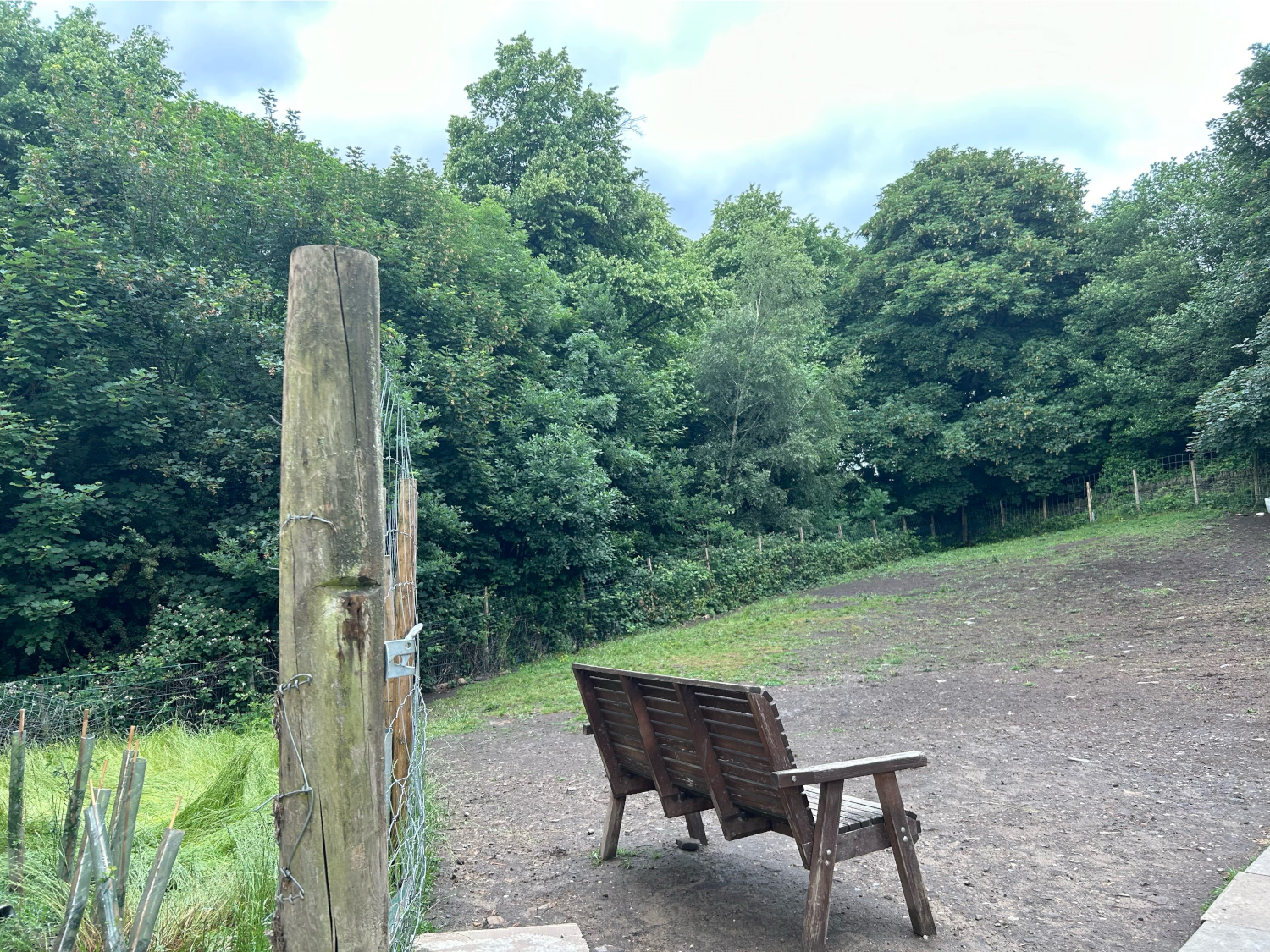 A wooden bench stands next to a wire fence at Rivelin Valley Dog Park.