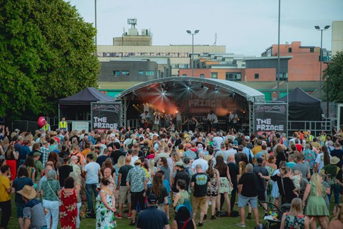 The Fringe Stage and crowds on Devonshire Green in Sheffield City Centre