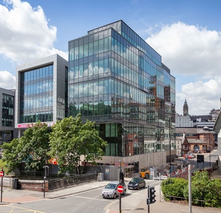 The glass clad buildings that make up the Sheffield Digital Campus.