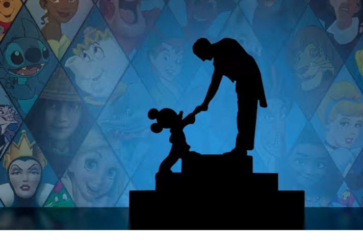 Against a backdrop of dozens of beloved Disney characters. are two silhouetted figures. A tall man stands atop a podium and leans down to shake hands with a rather famous mouse.