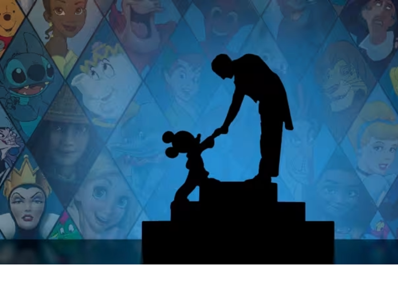 Against a backdrop of dozens of beloved Disney characters. are two silhouetted figures. A tall man stands atop a podium and leans down to shake hands with a rather famous mouse.