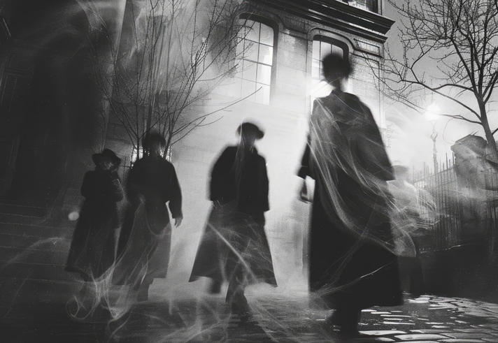A black and white image of ghostly figures approaching a stone building.