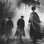 A black and white image of ghostly figures approaching a stone building.
