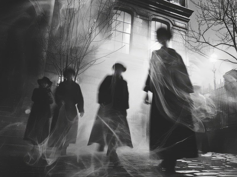 A black and white image of ghostly figures approaching a stone building.