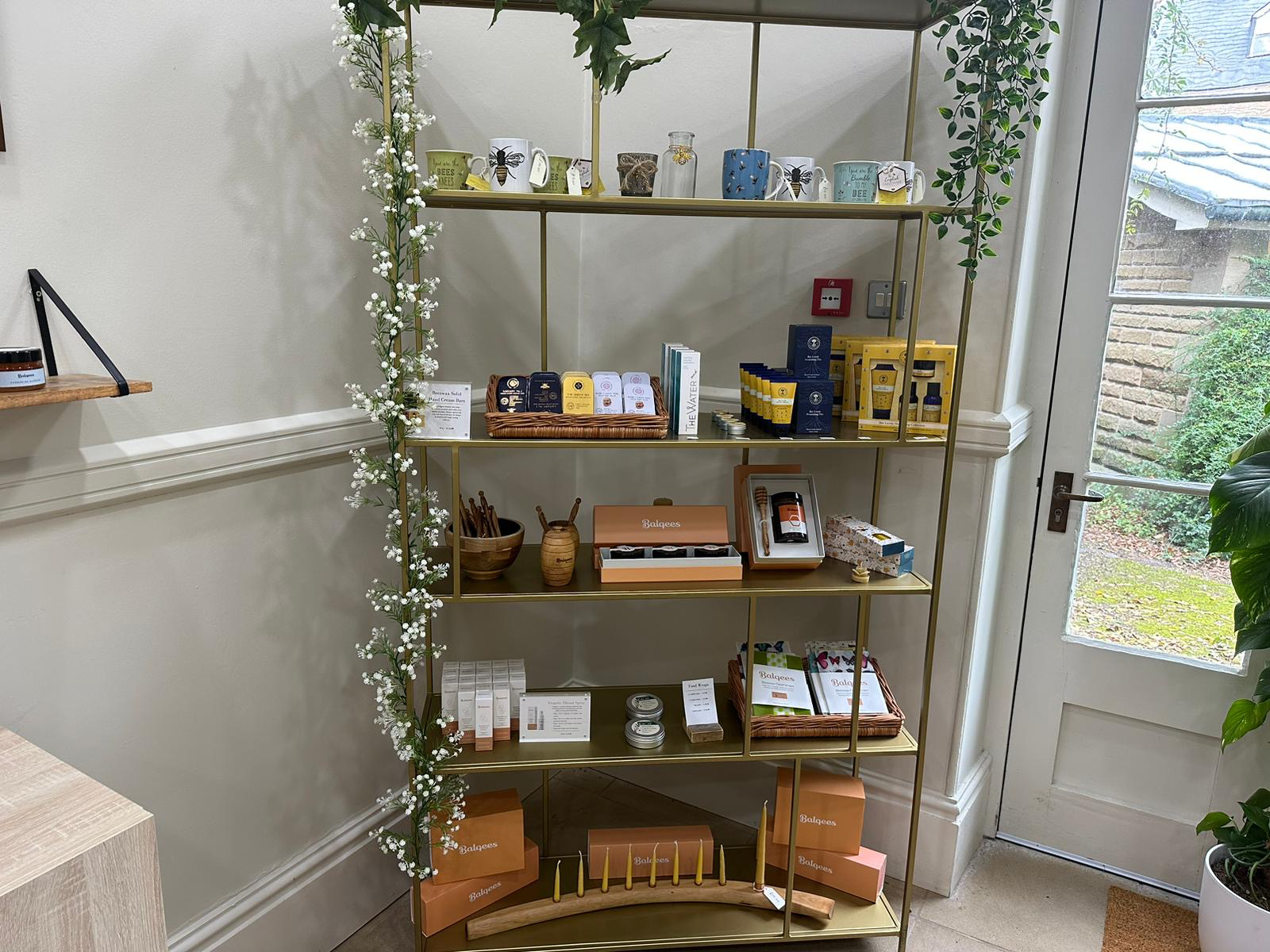 The interior of the Balqees shop, with lots of displays of honey.