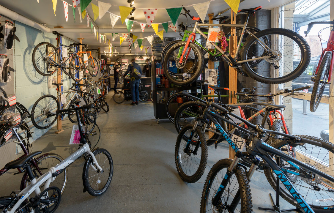 The interior of Russell's Bicycle Shed, with bikes everywhere you look.