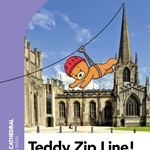 Artwork for Teddy Zipline with cartoon teddy flying in front of photo of cathedral