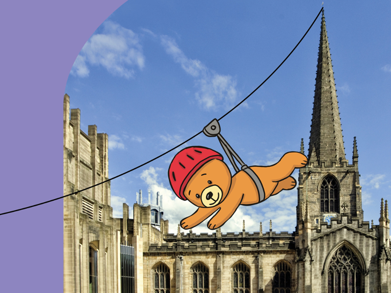 Artwork for Teddy Zipline with cartoon teddy flying in front of photo of cathedral