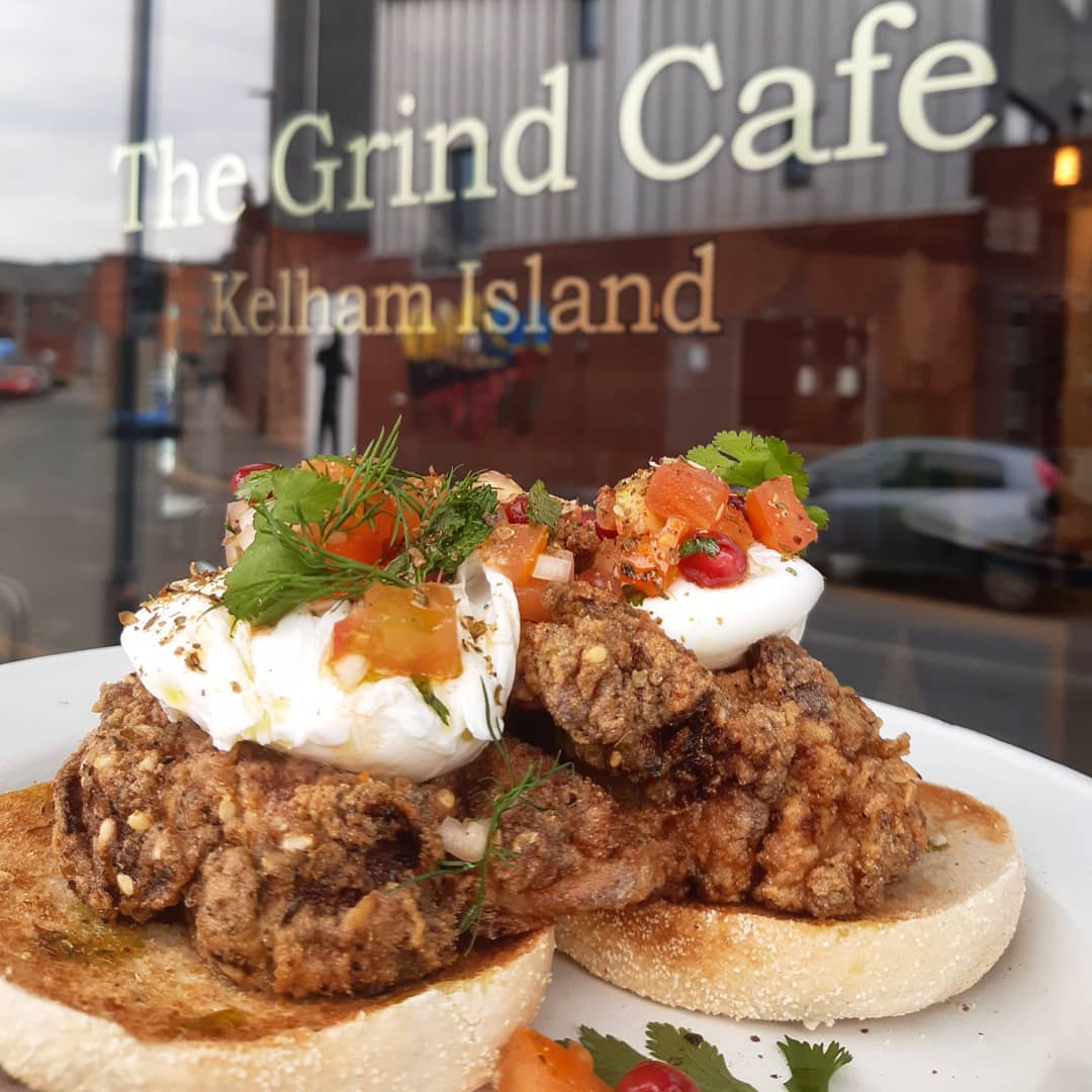 A light lunch on a table outside The Grind Cafe window.