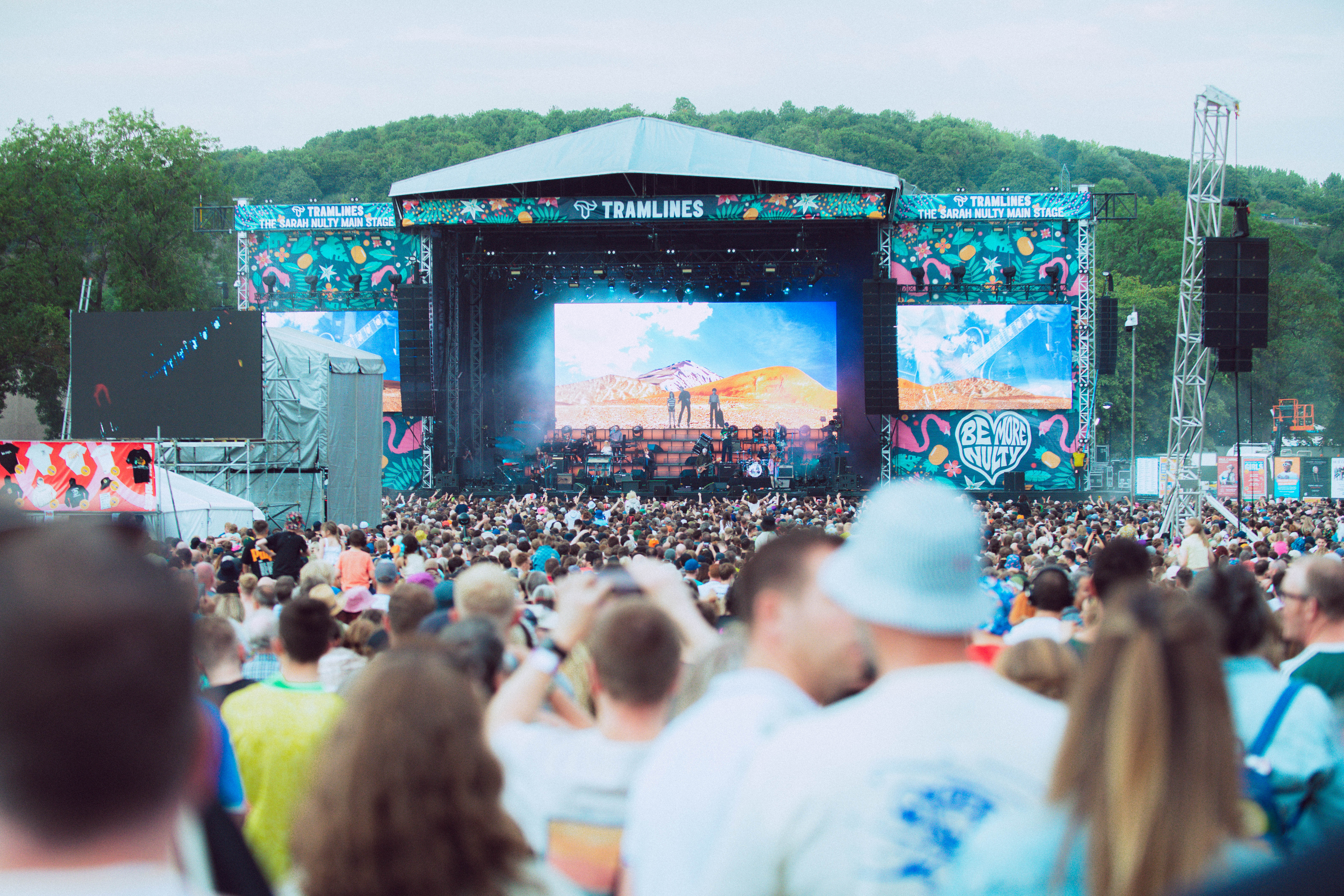 Legendary Sheffield band Pulp performing live on the Tramlines main stage in front of a packed crowd 
