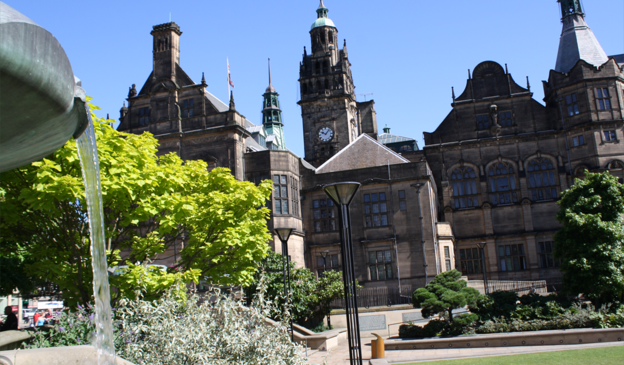 Sheffield Town Hall as seen from The Peace Gardens on a sunny day.