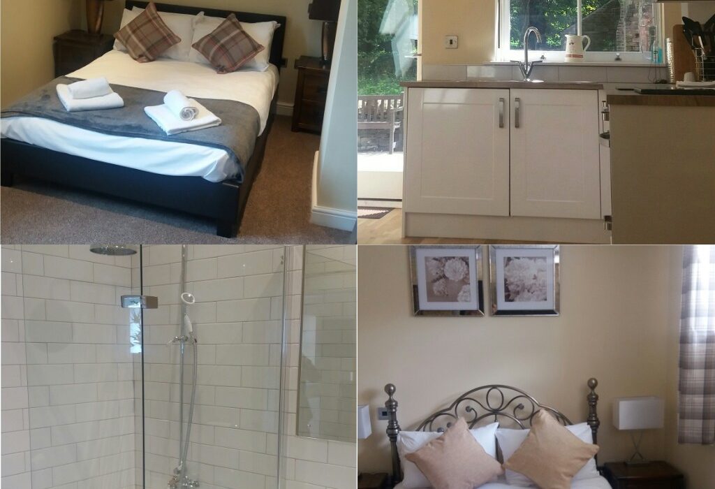 Four interior photos of Wortley Hall Cottages including a modern kitchen, cosy bedroom, stylish bathroom, and comfortable living room.
