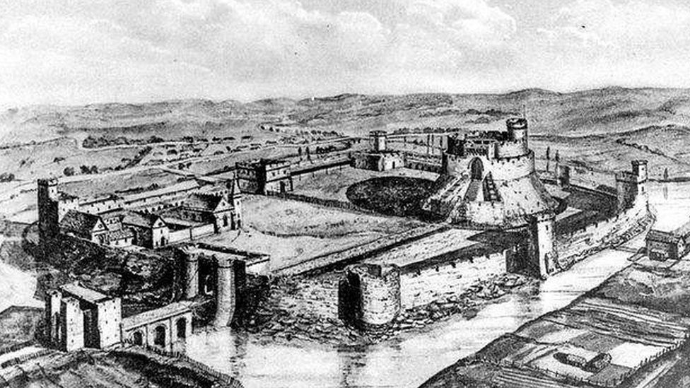 A pen and ink drawing of what Sheffield Castle may have looked like.