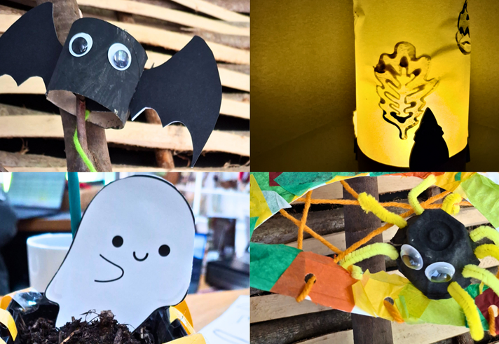 A collage of four images of Halloween arts and crafts projects made by children.