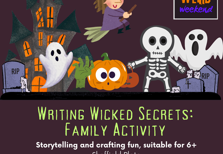 Poster for the event with a Halloween themed illustration featuring witches, ghosts, skeletons, pumpkins, graves stones and a haunted house.