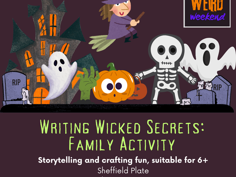 Poster for the event with a Halloween themed illustration featuring witches, ghosts, skeletons, pumpkins, graves stones and a haunted house.